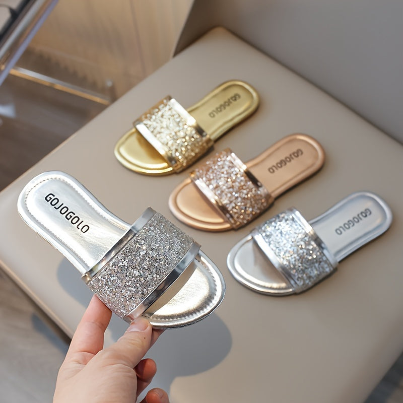 Trendy Cute Shiny Sequin Open Toe Slippers For Girls, Breathable Lightweight Slippers For Indoor Outdoor Holiday Beach