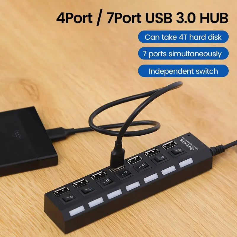 USB 2.0 Hub Multi USB Splitter Ports Hub Use Power Adapter4/ 7 Port Multiple Expander Hub with Switch 30CM Cable For Home