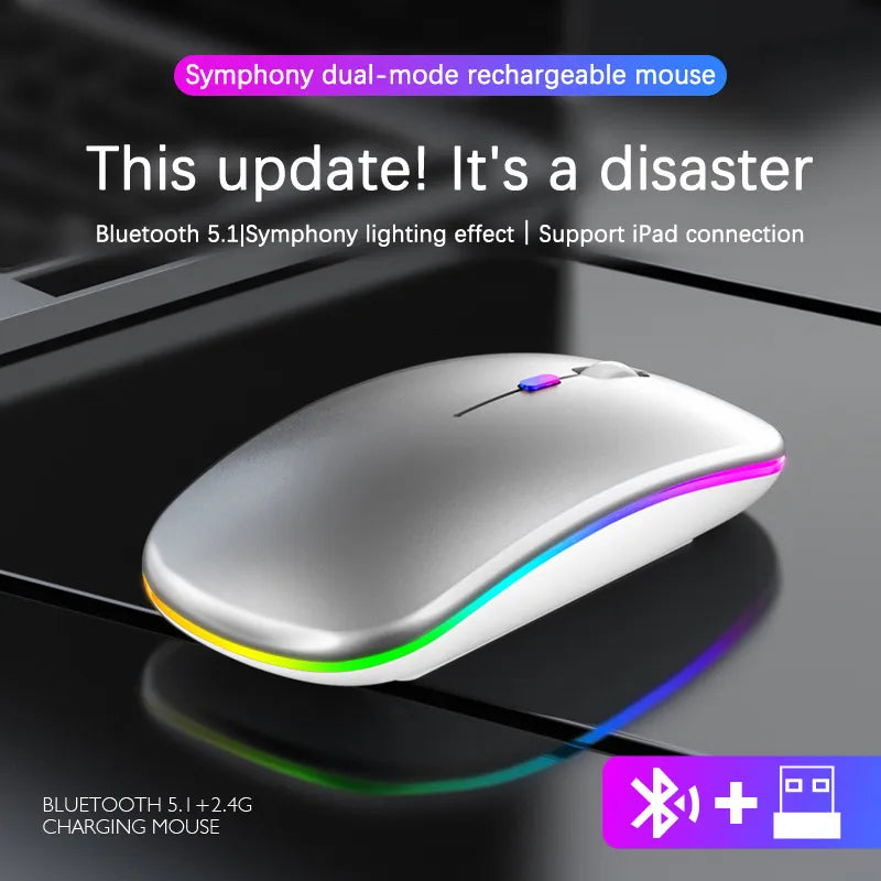 Rechargeable Bluetooth Wireless Mouse with 2.4GHz USB RGB 1600DPI Mouse for Computer Laptop Tablet PC Macbook Gaming Mouse Gamer