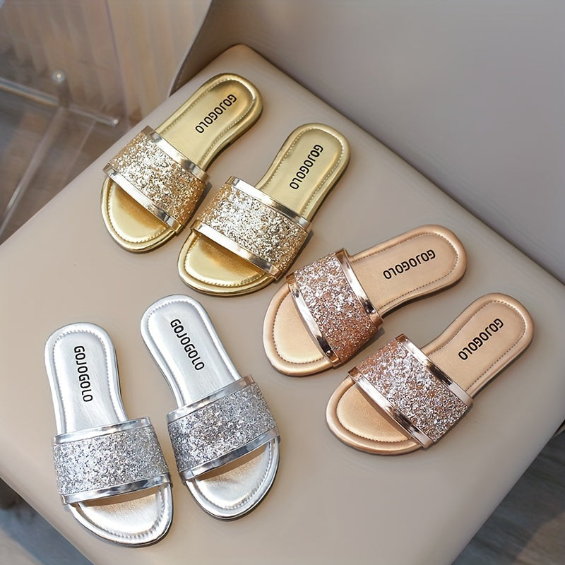 Trendy Cute Shiny Sequin Open Toe Slippers For Girls, Breathable Lightweight Slippers For Indoor Outdoor Holiday Beach