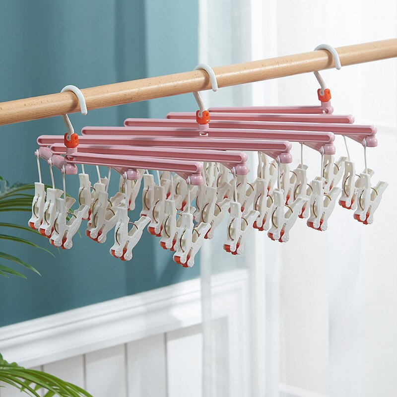 14 Clips Collect Clothes Drying Rack Windproof Foldable Telescopic Multi-functional Plastic Creative Clothes Drying Rack