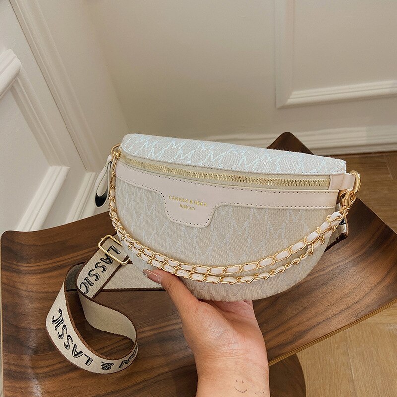 Printed Letter Plaid Pattern Fanny Packs for Women Fashionable Chain Waist Bag Female