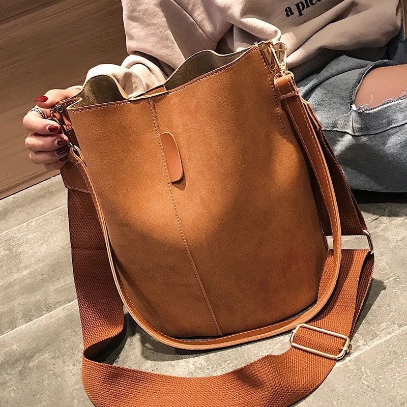 Women Bucket Shoulder Bag large capacity vintage Matte PU Leather lady handbag